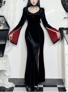 Black Simple Velvet Fabric With Cross Embroidery On The Chest Gothic Style Slit Long Sleeve Dress