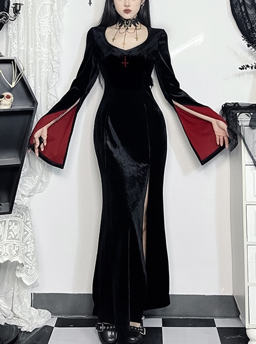 Black Simple Velvet Fabric With Cross Embroidery On The Chest Gothic Style Slit Long Sleeve Dress