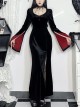 Black Simple Velvet Fabric With Cross Embroidery On The Chest Gothic Style Slit Long Sleeve Dress