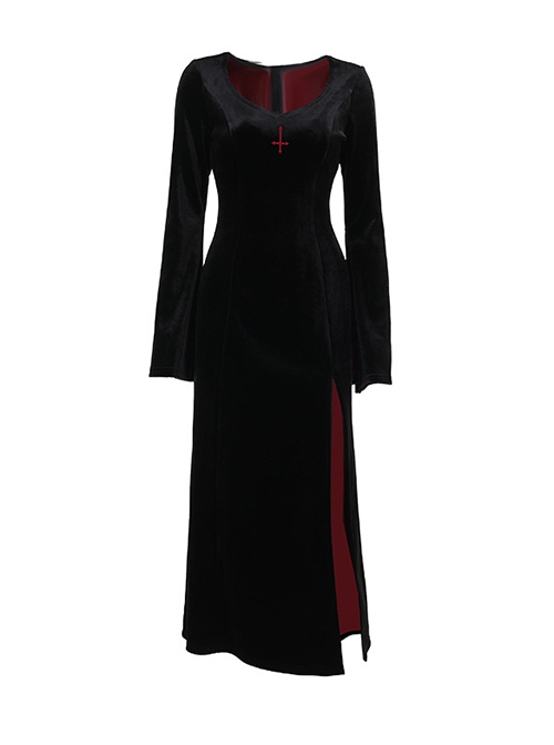 Black Simple Velvet Fabric With Cross Embroidery On The Chest Gothic Style Slit Long Sleeve Dress
