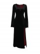 Black Simple Velvet Fabric With Cross Embroidery On The Chest Gothic Style Slit Long Sleeve Dress