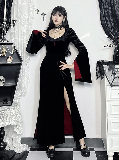 Black Simple Velvet Fabric With Cross Embroidery On The Chest Gothic Style Slit Long Sleeve Dress