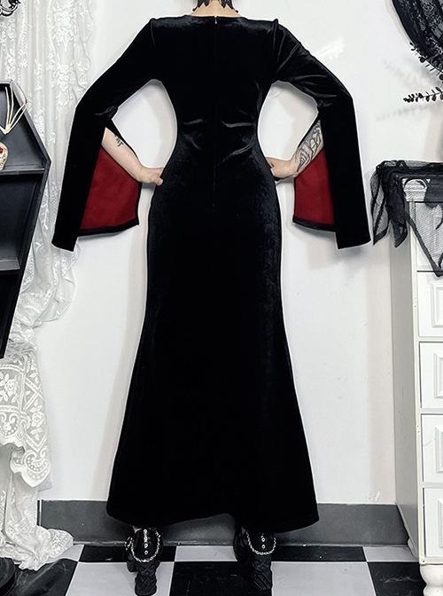 Black Simple Velvet Fabric With Cross Embroidery On The Chest Gothic Style Slit Long Sleeve Dress