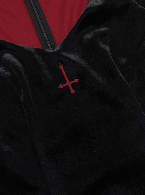 Black Simple Velvet Fabric With Cross Embroidery On The Chest Gothic Style Slit Long Sleeve Dress