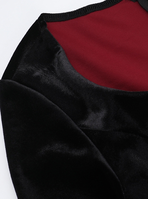 Black Simple Velvet Fabric With Cross Embroidery On The Chest Gothic Style Slit Long Sleeve Dress