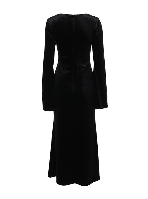 Black Simple Velvet Fabric With Cross Embroidery On The Chest Gothic Style Slit Long Sleeve Dress
