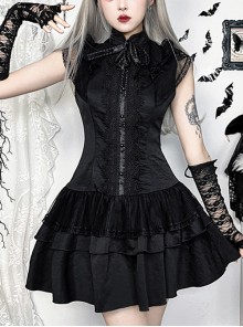 Sexy Slim Fit Black Woven Fabric Lace Front And Embroidery Gothic Style Sleeveless Dress