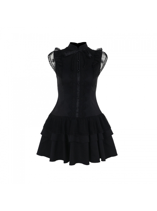 Sexy Slim Fit Black Woven Fabric Lace Front And Embroidery Gothic Style Sleeveless Dress