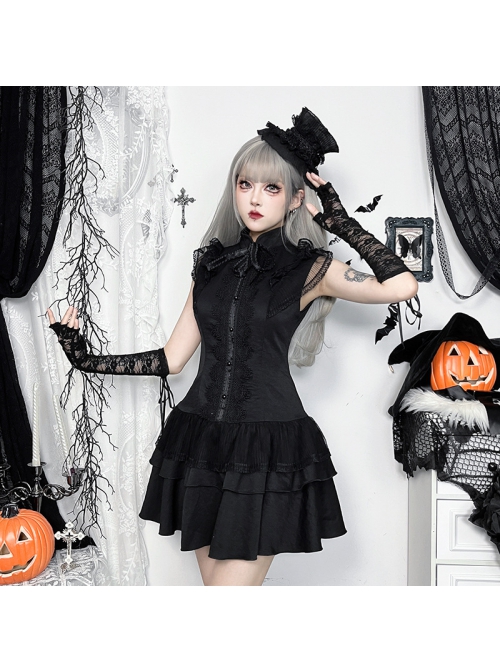 Sexy Slim Fit Black Woven Fabric Lace Front And Embroidery Gothic Style Sleeveless Dress
