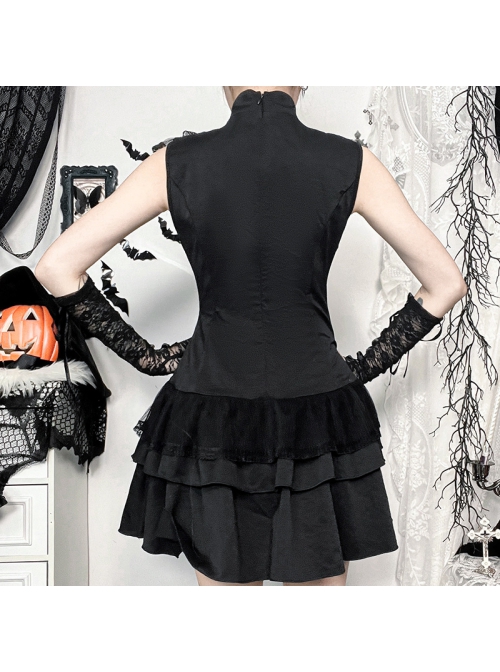 Sexy Slim Fit Black Woven Fabric Lace Front And Embroidery Gothic Style Sleeveless Dress