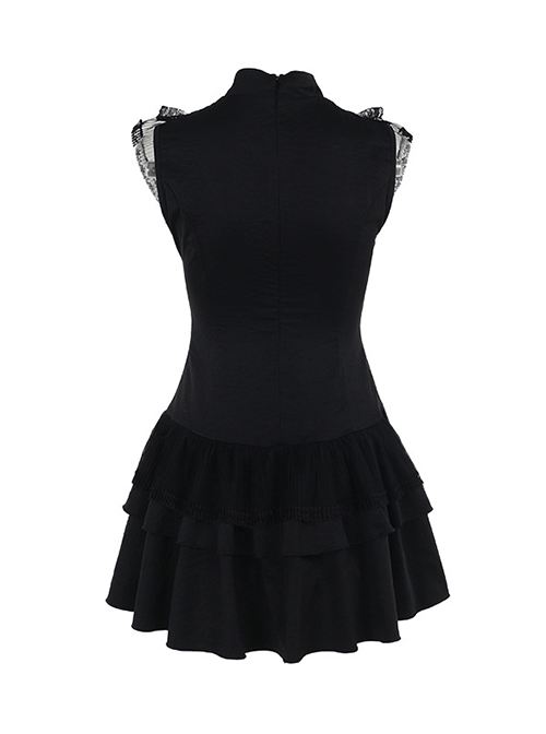 Sexy Slim Fit Black Woven Fabric Lace Front And Embroidery Gothic Style Sleeveless Dress