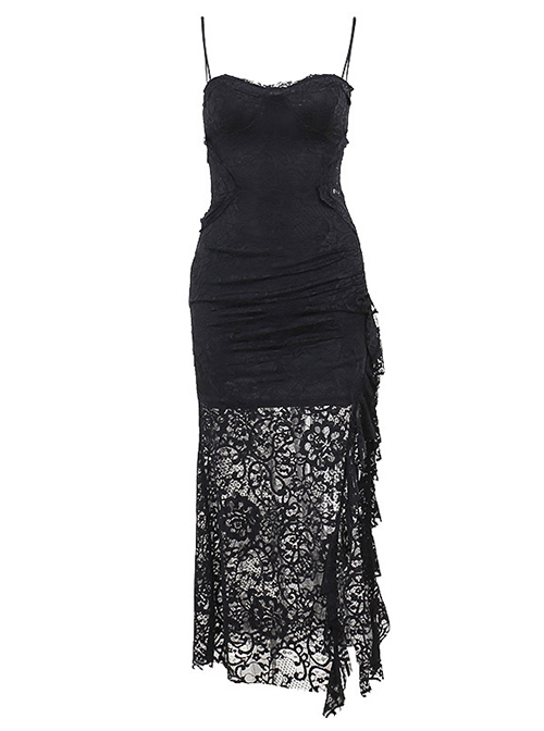 Black Sexy Lace Embossed Pattern With Slit Hem Design Gothic Style Slightly Transparent Sleeveless Dress