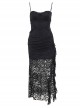 Black Sexy Lace Embossed Pattern With Slit Hem Design Gothic Style Slightly Transparent Sleeveless Dress