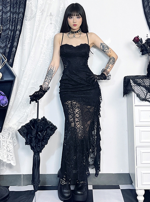 Black Sexy Lace Embossed Pattern With Slit Hem Design Gothic Style Slightly Transparent Sleeveless Dress