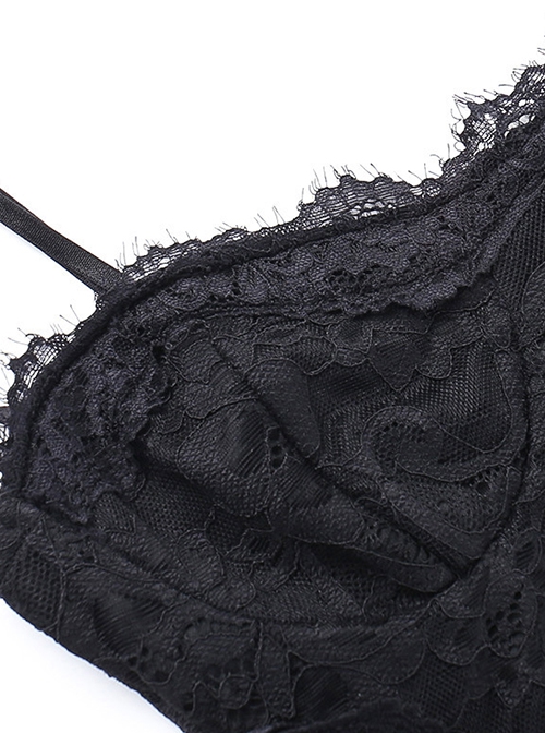 Black Sexy Lace Embossed Pattern With Slit Hem Design Gothic Style Slightly Transparent Sleeveless Dress