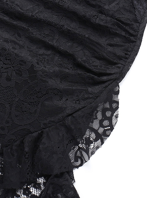 Black Sexy Lace Embossed Pattern With Slit Hem Design Gothic Style Slightly Transparent Sleeveless Dress