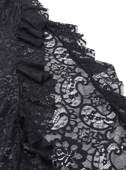 Black Sexy Lace Embossed Pattern With Slit Hem Design Gothic Style Slightly Transparent Sleeveless Dress
