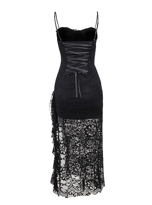 Black Sexy Lace Embossed Pattern With Slit Hem Design Gothic Style Slightly Transparent Sleeveless Dress