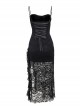 Black Sexy Lace Embossed Pattern With Slit Hem Design Gothic Style Slightly Transparent Sleeveless Dress