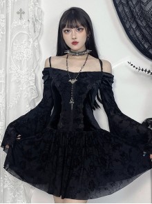Personalized Black Flocked Jacquard Fabric With One Shoulder Design Gothic Style Long Sleeved Low Cut Dress