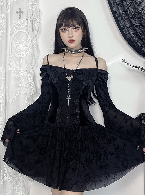 Personalized Black Flocked Jacquard Fabric With One Shoulder Design Gothic Style Long Sleeved Low Cut Dress