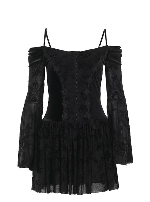 Personalized Black Flocked Jacquard Fabric With One Shoulder Design Gothic Style Long Sleeved Low Cut Dress
