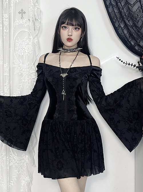 Personalized Black Flocked Jacquard Fabric With One Shoulder Design Gothic Style Long Sleeved Low Cut Dress