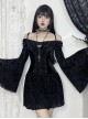 Personalized Black Flocked Jacquard Fabric With One Shoulder Design Gothic Style Long Sleeved Low Cut Dress