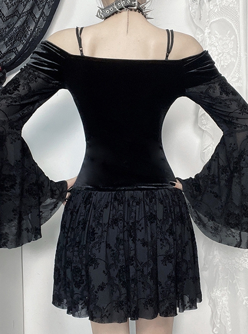 Personalized Black Flocked Jacquard Fabric With One Shoulder Design Gothic Style Long Sleeved Low Cut Dress