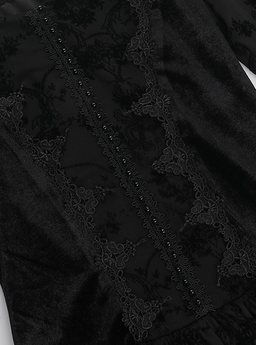 Personalized Black Flocked Jacquard Fabric With One Shoulder Design Gothic Style Long Sleeved Low Cut Dress