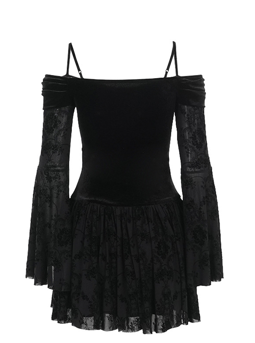 Personalized Black Flocked Jacquard Fabric With One Shoulder Design Gothic Style Long Sleeved Low Cut Dress