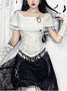 White Temperament One Shoulder Woven Fabric With Lace Dark Pattern Tassel Decoration Gothic Style Sleeveless Top
