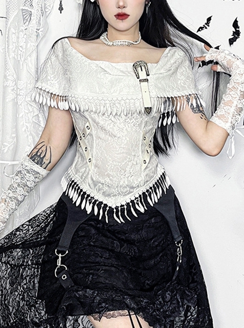 White Temperament One Shoulder Woven Fabric With Lace Dark Pattern Tassel Decoration Gothic Style Sleeveless Top