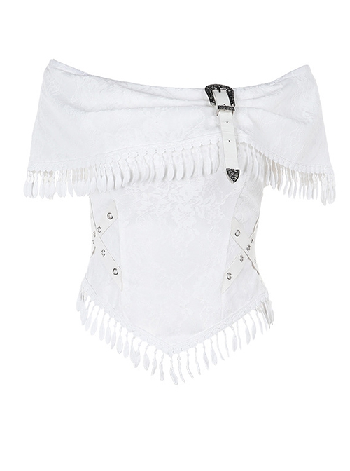 White Temperament One Shoulder Woven Fabric With Lace Dark Pattern Tassel Decoration Gothic Style Sleeveless Top