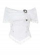 White Temperament One Shoulder Woven Fabric With Lace Dark Pattern Tassel Decoration Gothic Style Sleeveless Top