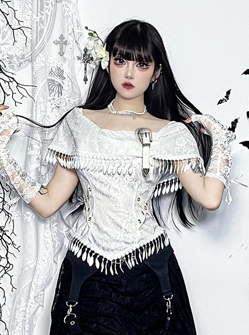 White Temperament One Shoulder Woven Fabric With Lace Dark Pattern Tassel Decoration Gothic Style Sleeveless Top