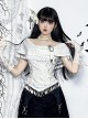 White Temperament One Shoulder Woven Fabric With Lace Dark Pattern Tassel Decoration Gothic Style Sleeveless Top