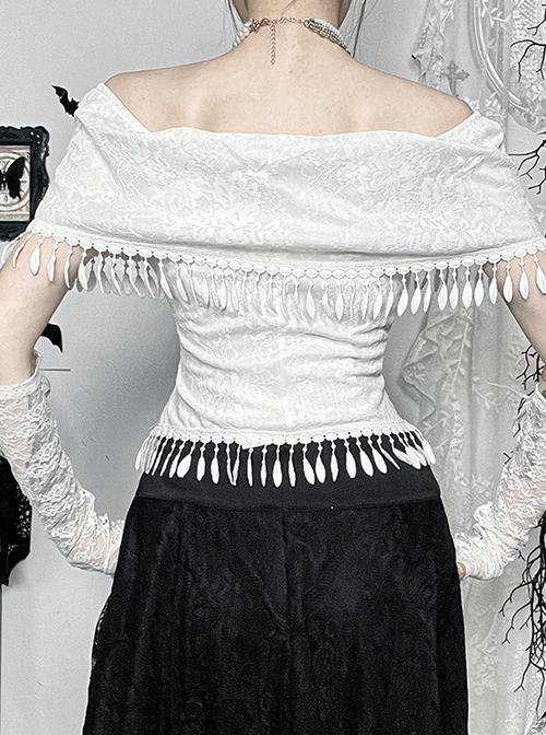 White Temperament One Shoulder Woven Fabric With Lace Dark Pattern Tassel Decoration Gothic Style Sleeveless Top