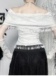 White Temperament One Shoulder Woven Fabric With Lace Dark Pattern Tassel Decoration Gothic Style Sleeveless Top