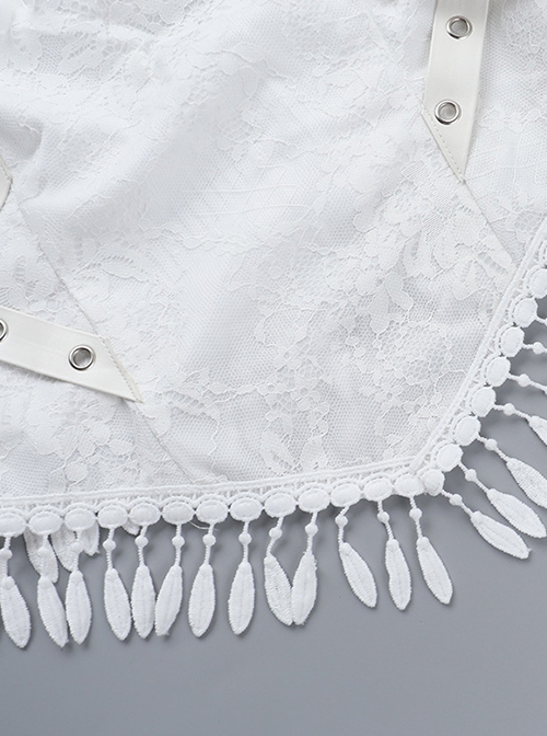 White Temperament One Shoulder Woven Fabric With Lace Dark Pattern Tassel Decoration Gothic Style Sleeveless Top