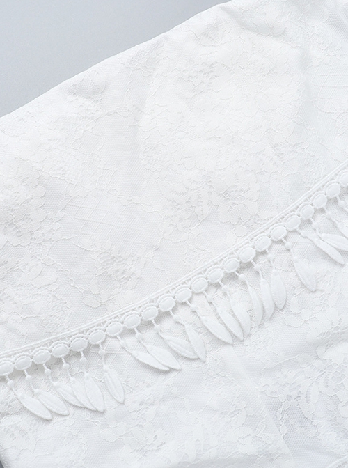 White Temperament One Shoulder Woven Fabric With Lace Dark Pattern Tassel Decoration Gothic Style Sleeveless Top