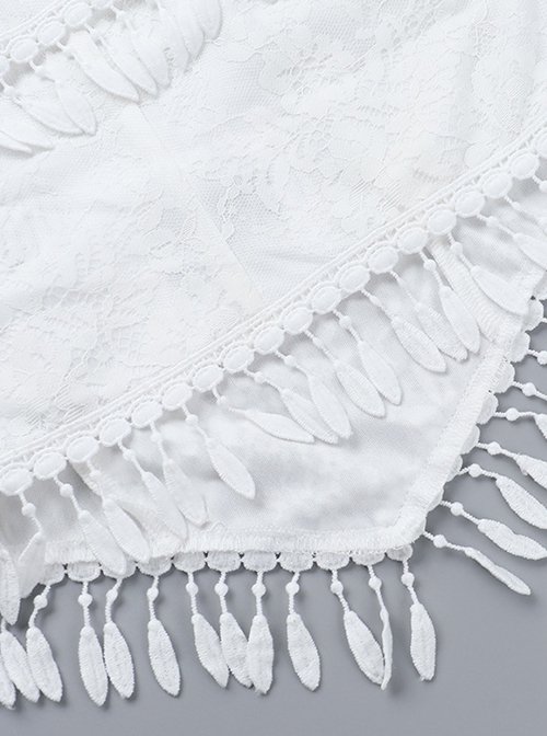 White Temperament One Shoulder Woven Fabric With Lace Dark Pattern Tassel Decoration Gothic Style Sleeveless Top