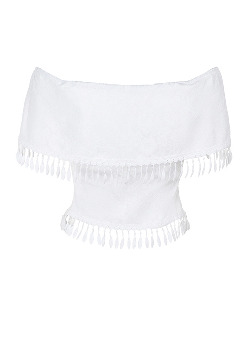 White Temperament One Shoulder Woven Fabric With Lace Dark Pattern Tassel Decoration Gothic Style Sleeveless Top