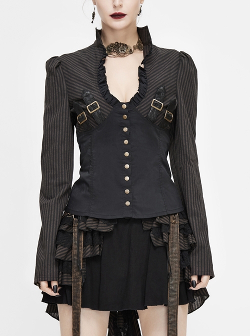 Striped Spliced Shirt Material Low Collar Button Hasp Black Punk Blouse