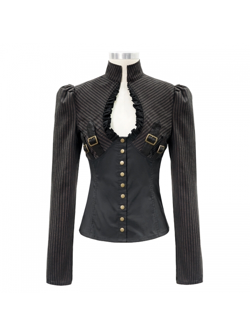Striped Spliced Shirt Material Low Collar Button Hasp Black Punk Blouse