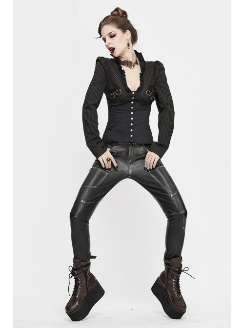 Striped Spliced Shirt Material Low Collar Button Hasp Black Punk Blouse
