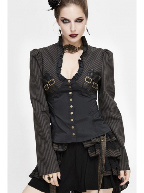 Striped Spliced Shirt Material Low Collar Button Hasp Black Punk Blouse