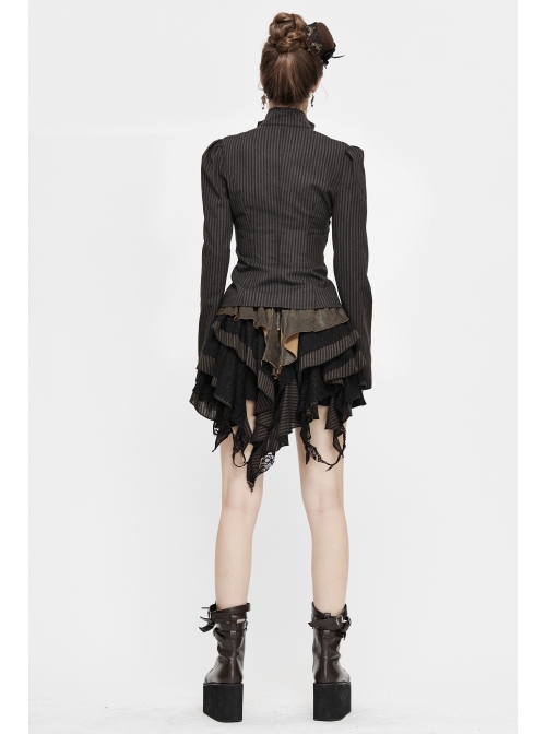 Striped Spliced Shirt Material Low Collar Button Hasp Black Punk Blouse