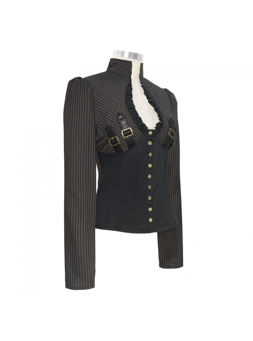 Striped Spliced Shirt Material Low Collar Button Hasp Black Punk Blouse