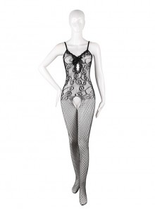 Black Hollow Mesh See-through Deep V Bow Open Crotch Suspender Jumpsuit Body Stockings Plus Size Sexy Lingerie